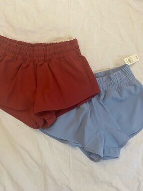 Women’s Athletic Elastic-Waist Shorts — Red and Light Blue